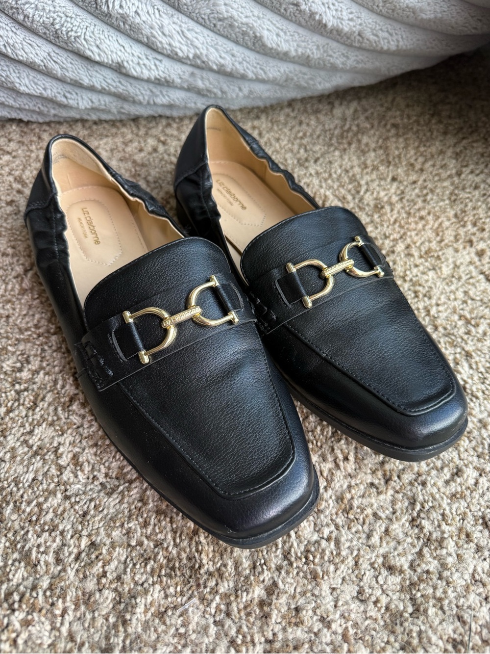 Liz Claiborne Jonell Black Loafers with Gold Horsebit Hardware